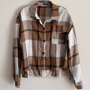 SHEIN Women's Tan Gray Cream Plaid Shirt Size M Long Sleeve Front Button Pocket